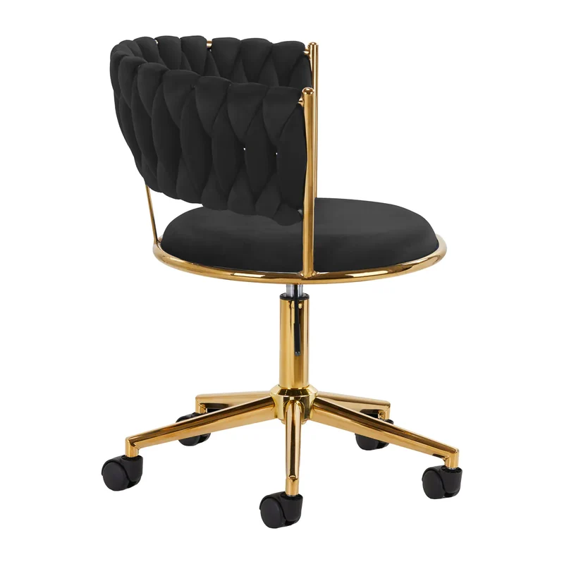 Sedia Girevole in Velluto con Schienale Intrecciato e Base Oro | QS-GW01G (Nero)