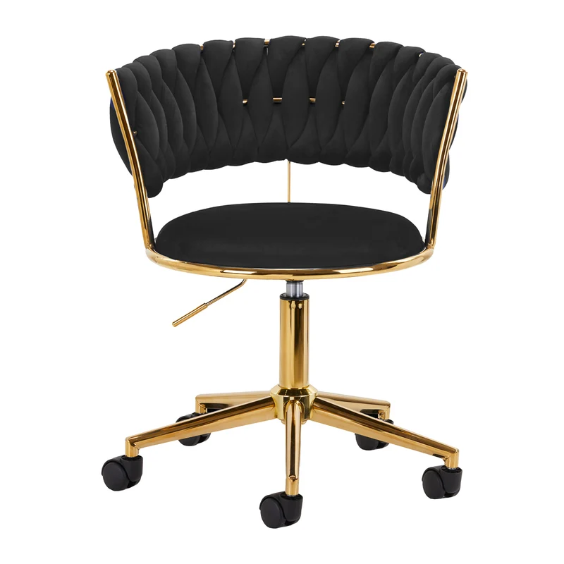 Sedia Girevole in Velluto con Schienale Intrecciato e Base Oro | QS-GW01G (Nero)