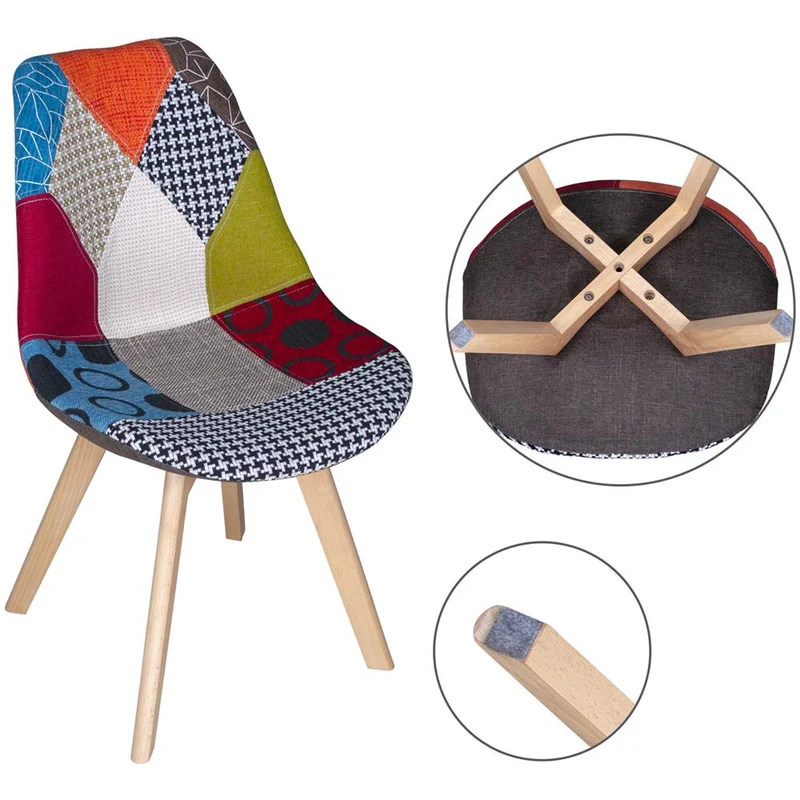 BUYBUY Kit 2 Sedie serie Picasso in PP con seduta in spugna ricoperta con stoffa in stile patchwork, piedi in legno di faggio e metallo KITPIC003
