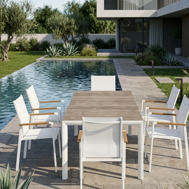Tavolo allungabile "Bahamas" in alluminio Bianco e Gres porcellanato per esterno 175\235x100