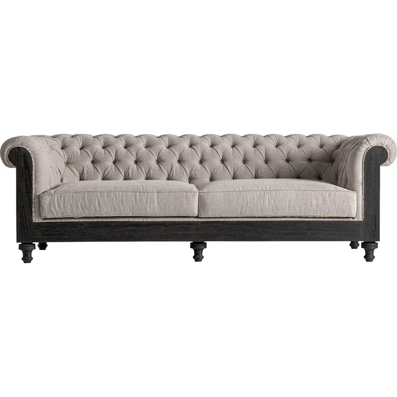 Divano Colonial Luxury Chesterfield in lino beige e legno nero