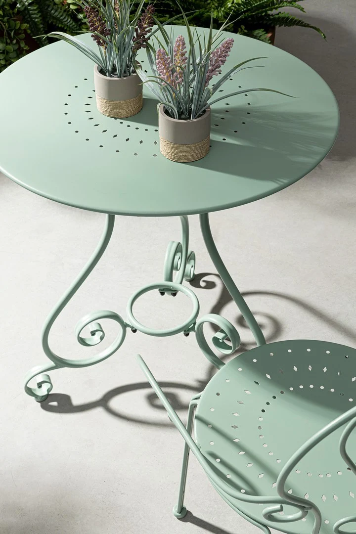 Set "Etienne" Tavolino Ø 70 cm con 2 poltrone colorate in acciaio per giardino e bar finitura opaca