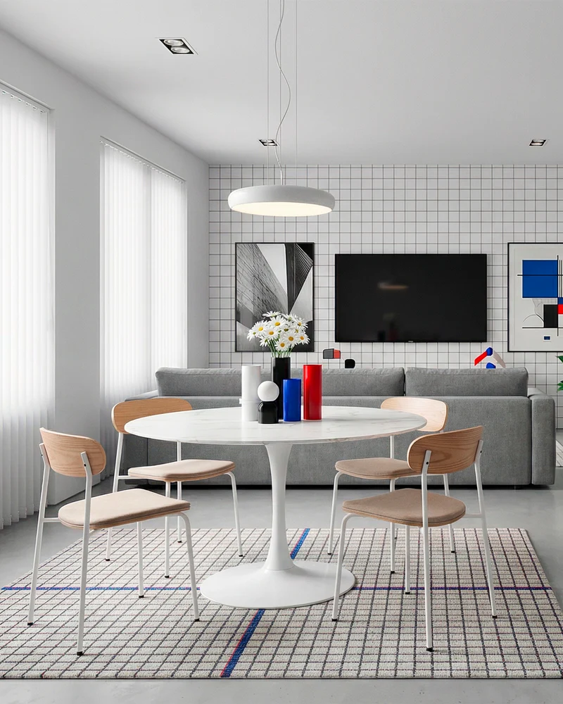 Tavolo da pranzo rotondo con piano in vetro effetto marmo Ada