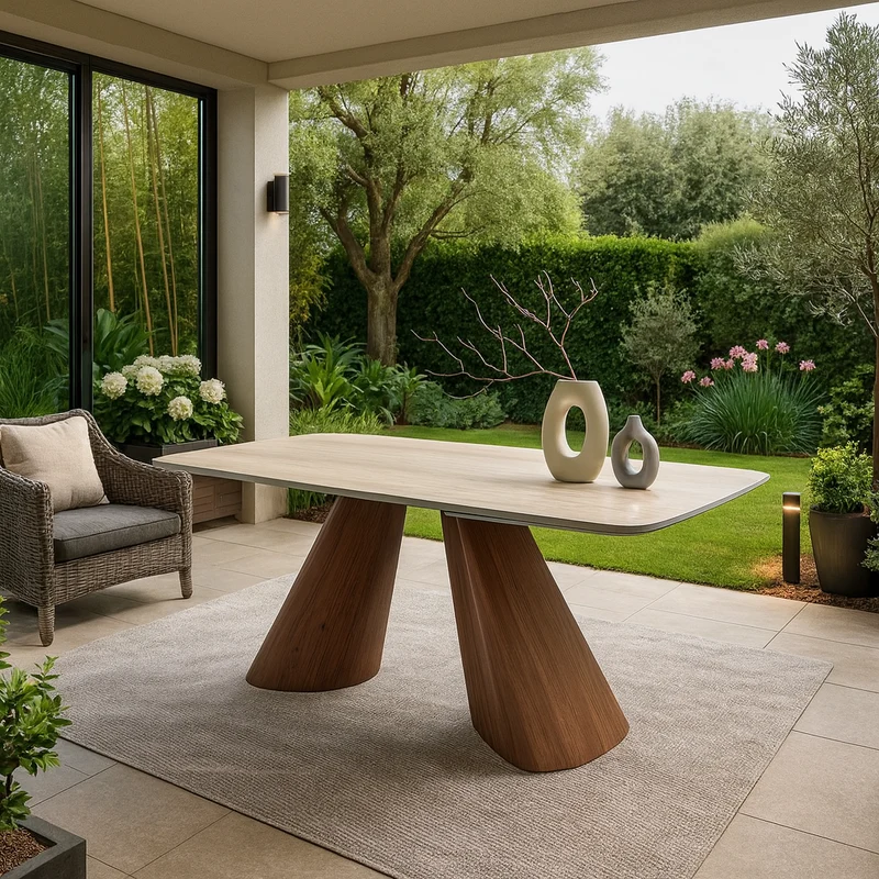 Tavolo "Aldebaran" con piano in ceramica finitura travertino, design moderno, 180/260 x 90 x h 75 cm