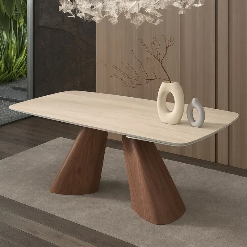 Tavolo "Aldebaran" con piano in ceramica finitura travertino, design moderno, 180/260 x 90 x h 75 cm