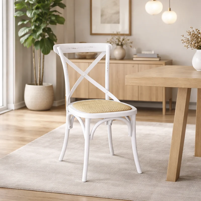 Sedia "Cross" struttura in legno e seduta a intreccio colore bianco per bar e ristorazione