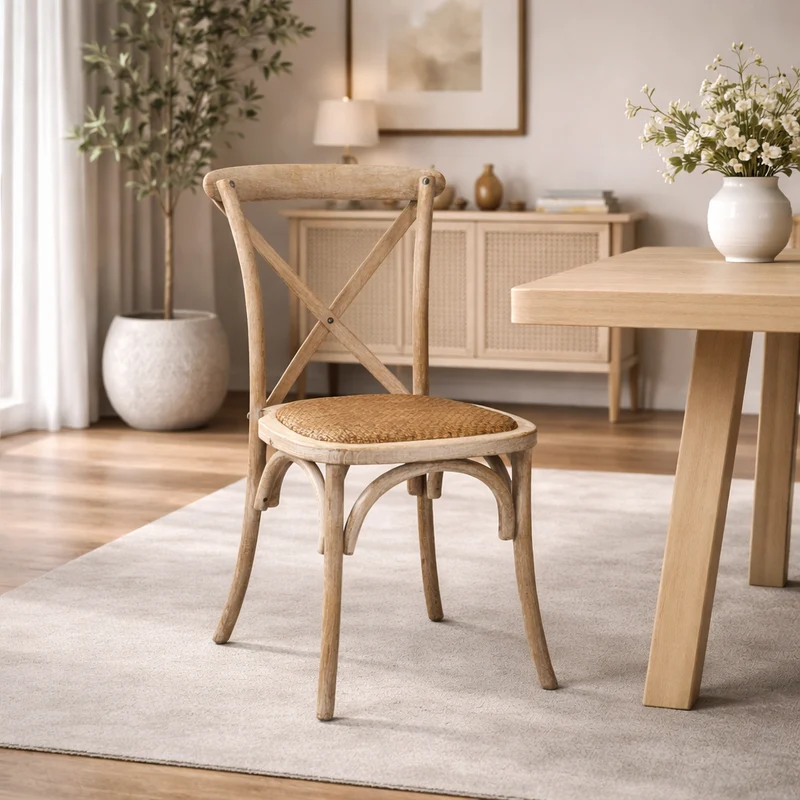 Sedia "Cross" struttura in legno e seduta a intreccio colore naturale impilabile per bar e ristorazione
