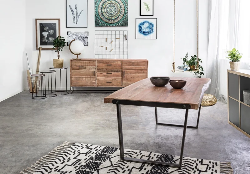 Tavolo Elmer rettangolare, con gambe in acciaio, piano in legno di acacia, stile moderno