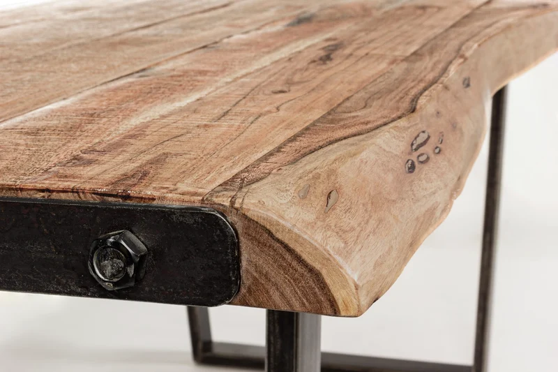 Tavolo Elmer rettangolare, con gambe in acciaio, piano in legno di acacia, stile moderno