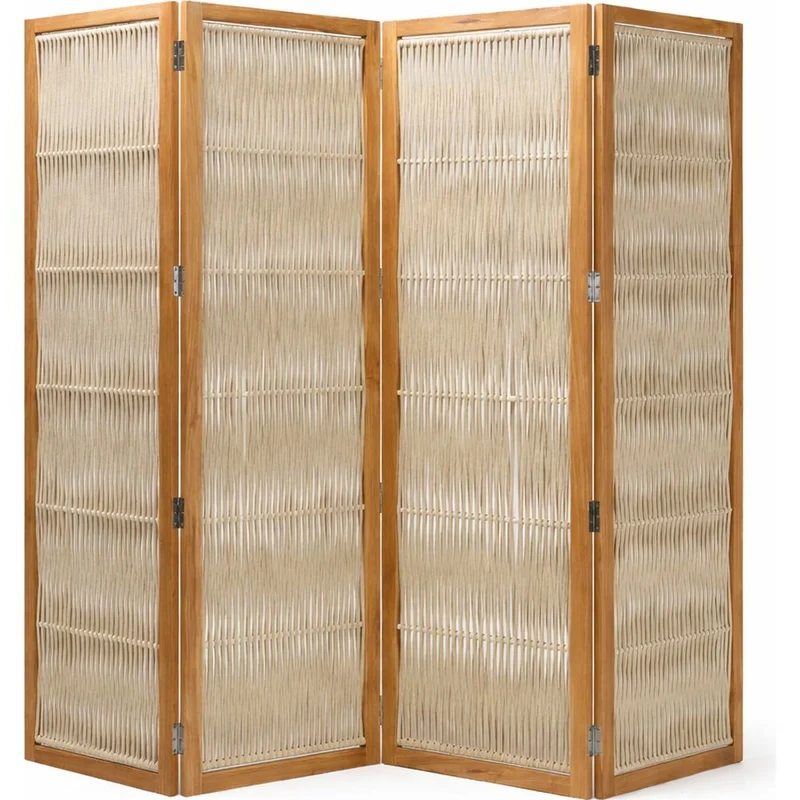 Paravento separè teak e corda Pearl White 4 pannelli Dakota