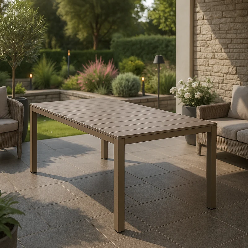 Tavolo allungabile Taupè "Seychelles" piano telescopico con doghe in alluminio per giardino e veranda 215/285 cm