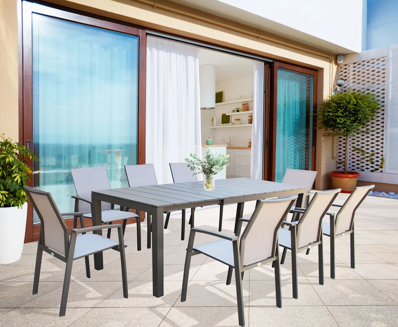 Tavolo allungabile Taupè "Seychelles" piano telescopico con doghe in alluminio per giardino e veranda 215/285 cm