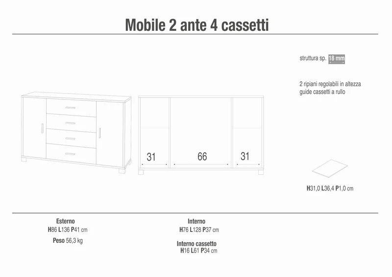 Mobile soggiorno a due ante e quattro cassetti - 86 x 136 x 41 cm