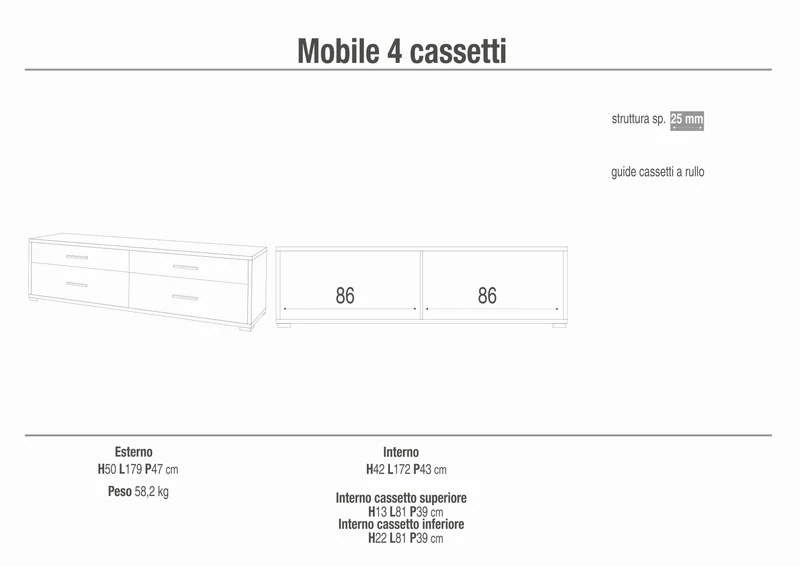 Cassettiera moderna 4 cassetti, minimal e ampia superficie d’appoggio – 179x47x50 cm