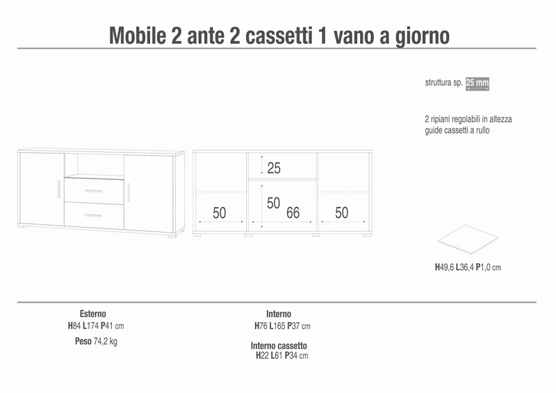 Mobile soggiorno a due ante e due cassetti - 84 x 174 x 41 cm