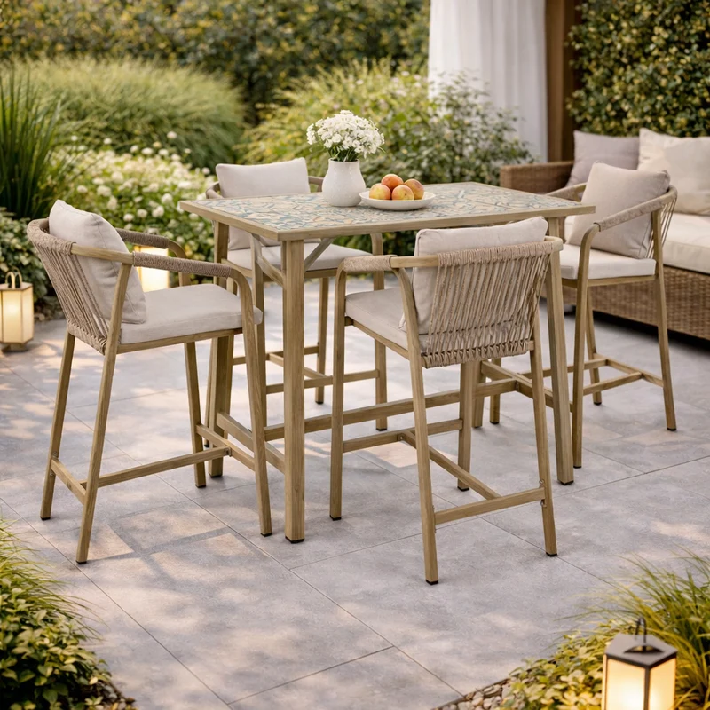Set salotto "Kalimera" tavolo da bar + 4 sgabelli, per arredo giardino