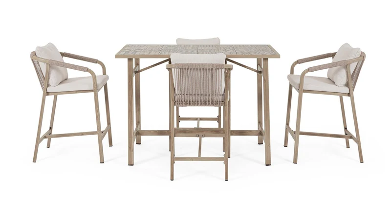 Set salotto "Kalimera" tavolo da bar + 4 sgabelli, per arredo giardino