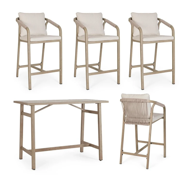 Set salotto "Kalimera" tavolo da bar + 4 sgabelli, per arredo giardino