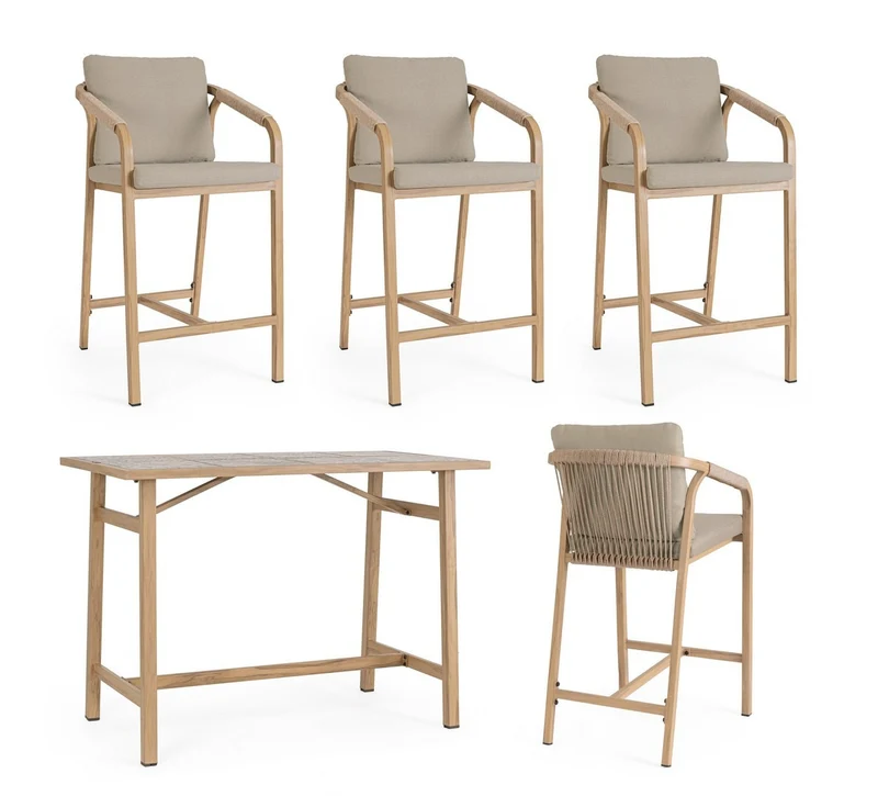 Set salotto "Kalimera" tavolo da bar + 4 sgabelli, per arredo giardino