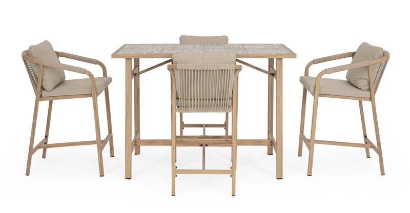 Set salotto "Kalimera" tavolo da bar + 4 sgabelli, per arredo giardino