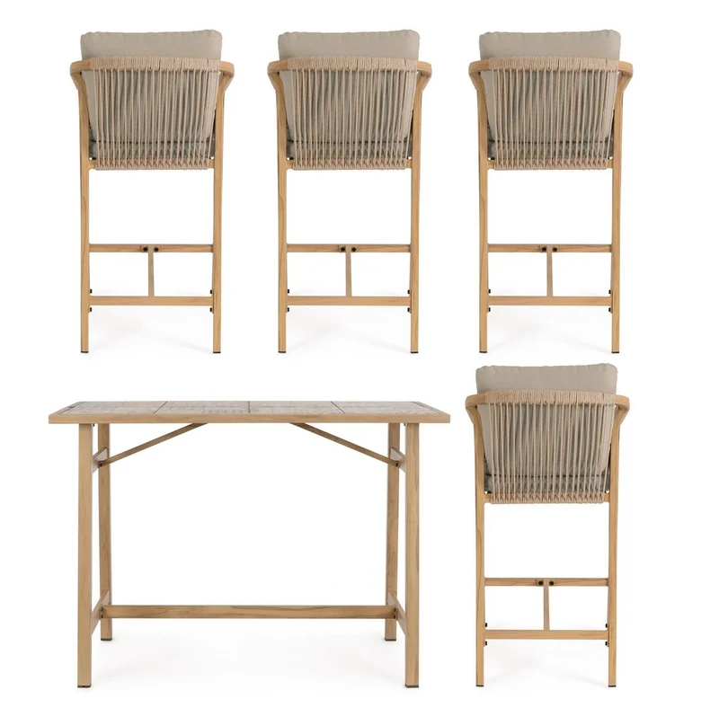 Set salotto "Kalimera" tavolo da bar + 4 sgabelli, per arredo giardino