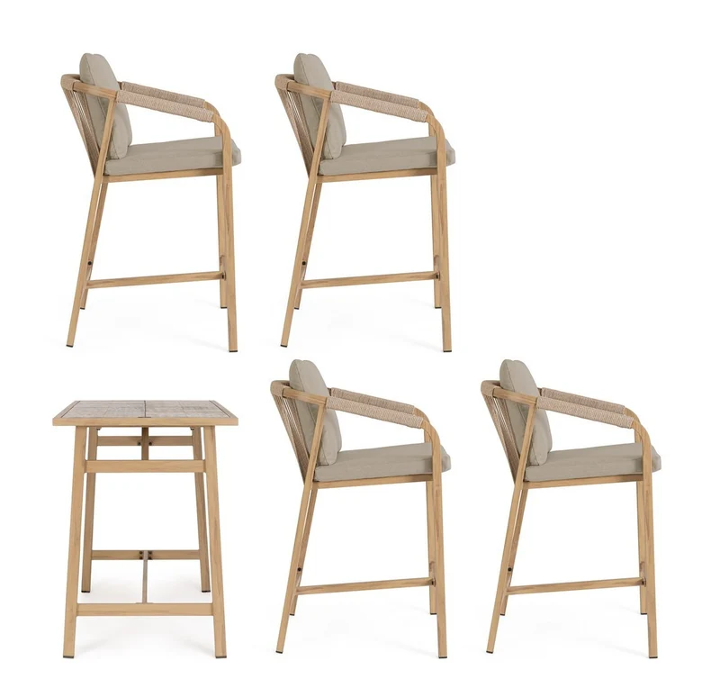 Set salotto "Kalimera" tavolo da bar + 4 sgabelli, per arredo giardino