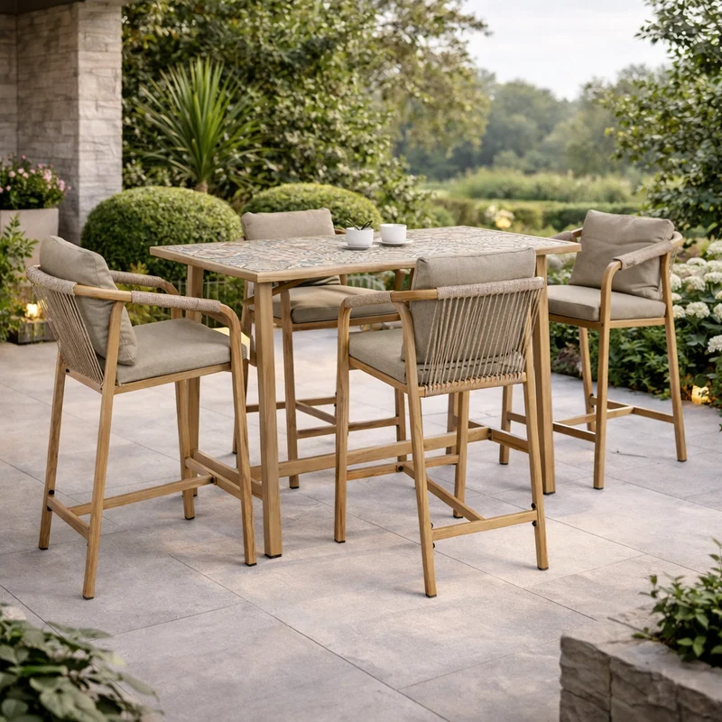 Set salotto "Kalimera" tavolo da bar + 4 sgabelli, per arredo giardino