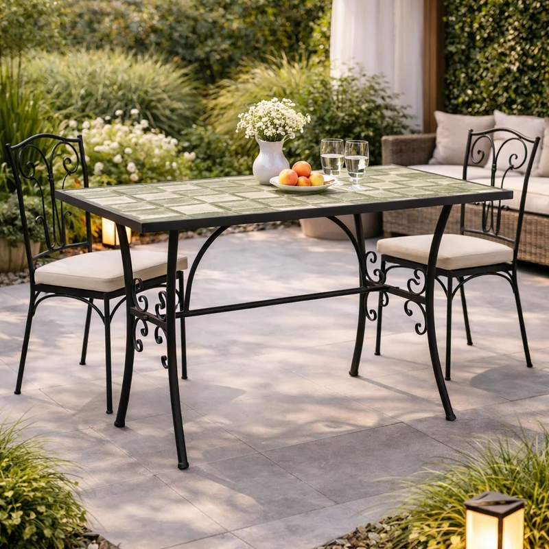 Tavolo "Loire" con struttura in acciaio, piano in ceramica, per arredo interno ed esterno