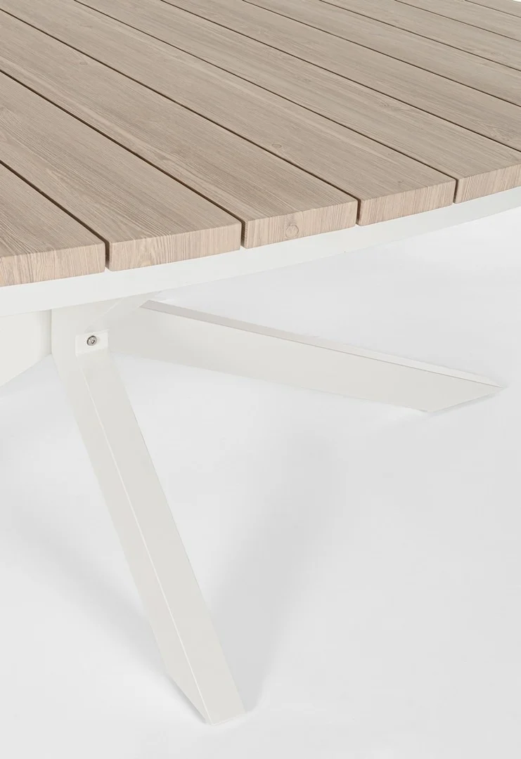 Tavolo "Zelmar" con struttura in alluminio, piano in doghe effetto legno, per arredo interno ed esterno