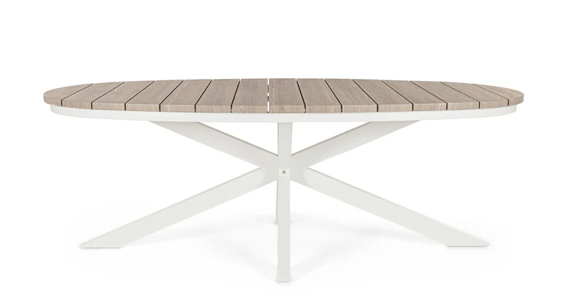 Tavolo "Zelmar" con struttura in alluminio, piano in doghe effetto legno, per arredo interno ed esterno