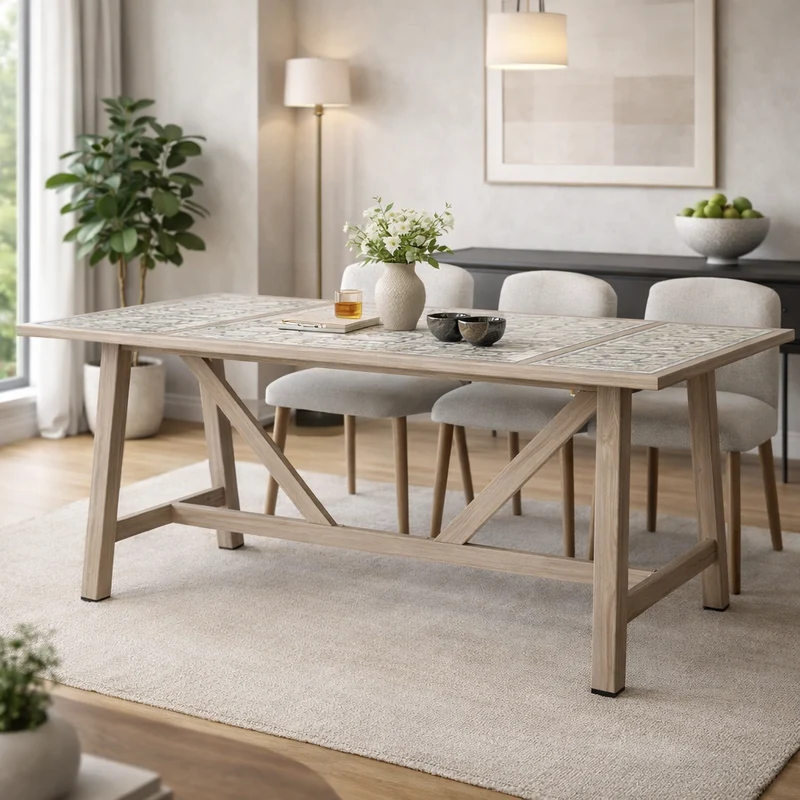Tavolo "Kalimera" con struttura in alluminio effetto legno, piano in porcellana, per arredo interno
