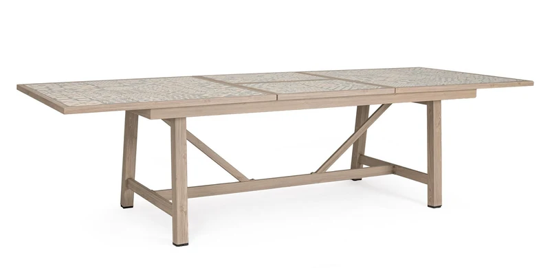Tavolo "Kalimera" con struttura in alluminio effetto legno, piano in porcellana, per arredo interno
