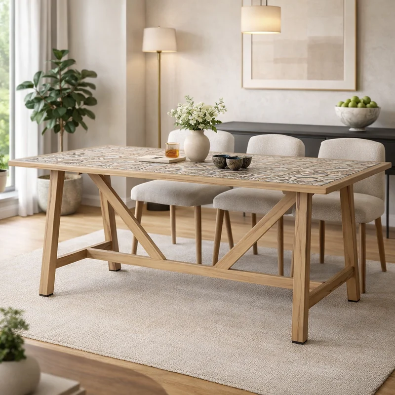Tavolo "Kalimera" con struttura in alluminio effetto legno, piano in porcellana, per arredo interno