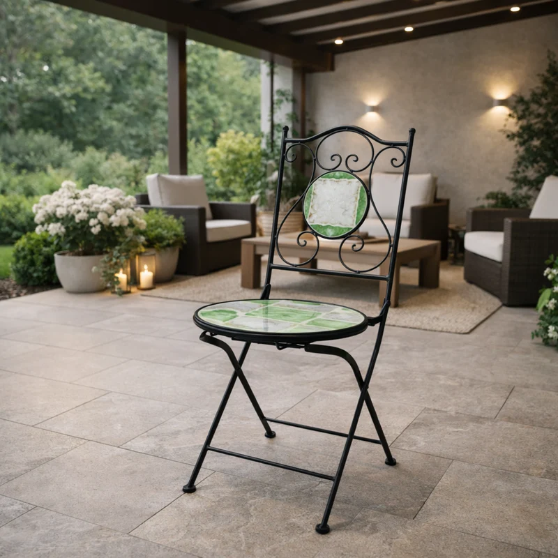 Sedia pieghevole "Loire" in acciaio verniciato, con seduta e schienale in ceramica per giardino e veranda