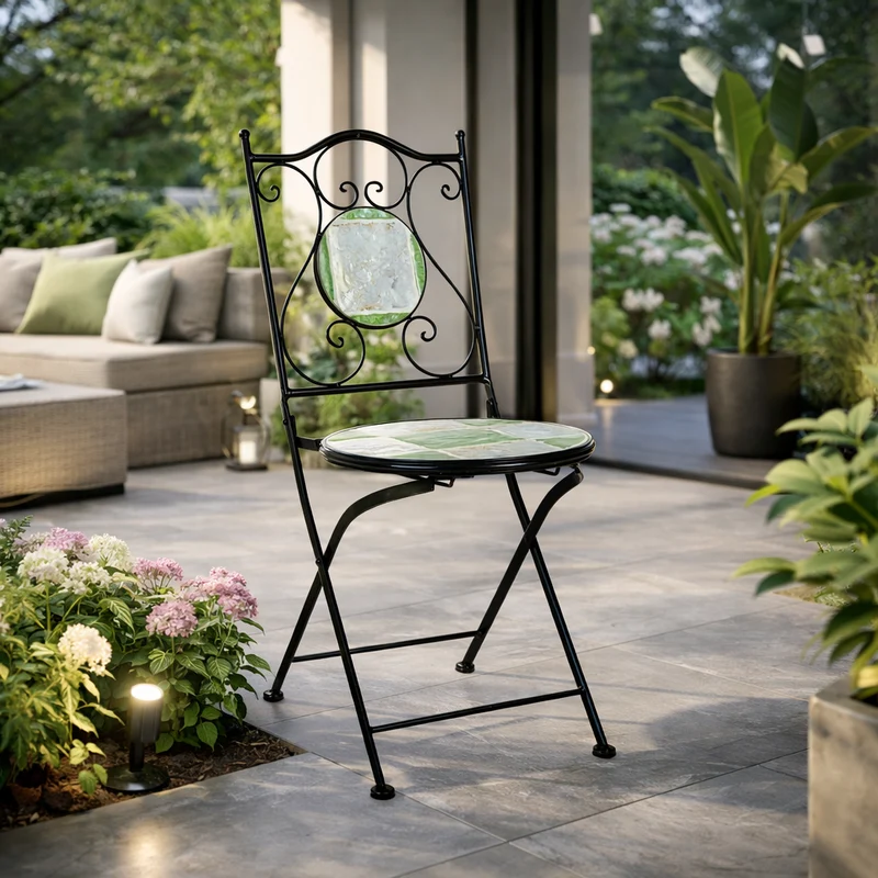Sedia pieghevole "Loire" in acciaio verniciato, con seduta e schienale in ceramica per giardino e veranda