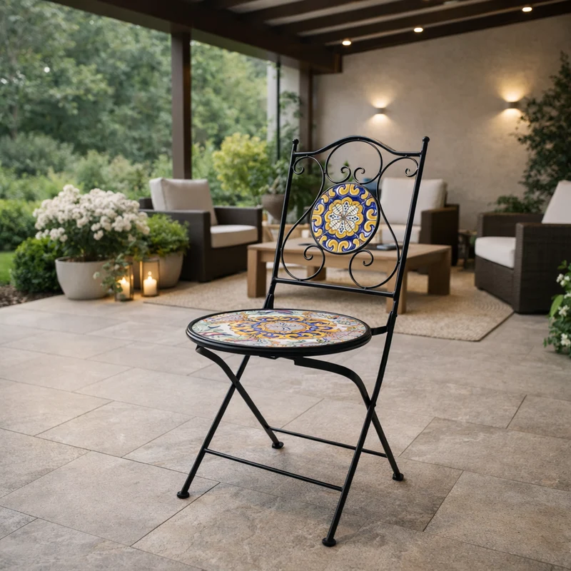 Sedia pieghevole "Santorini" in acciaio verniciato, con seduta e schienale in ceramica per giardino e veranda