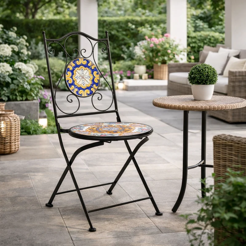 Sedia pieghevole "Santorini" in acciaio verniciato, con seduta e schienale in ceramica per giardino e veranda