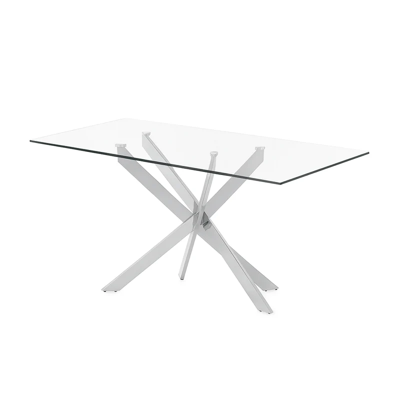 Tavolo "Terra" con gambe incrociate in metallo cromato e piano in vetro temperato, design moderno per arredo interno