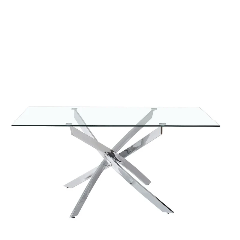 Tavolo "Terra" con gambe incrociate in metallo cromato e piano in vetro temperato, design moderno per arredo interno