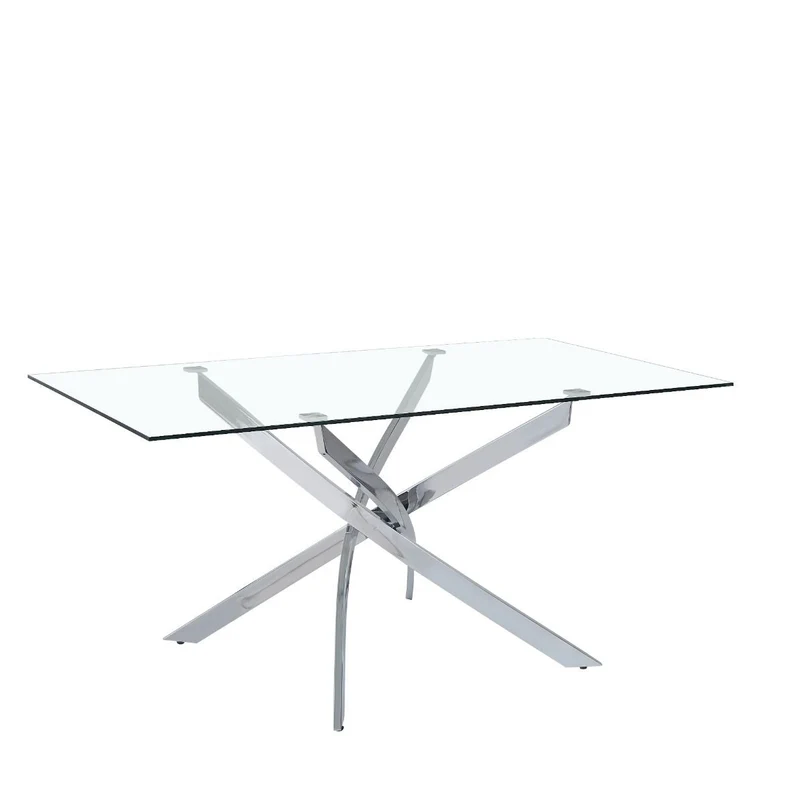 Tavolo "Terra" con gambe incrociate in metallo cromato e piano in vetro temperato, design moderno per arredo interno