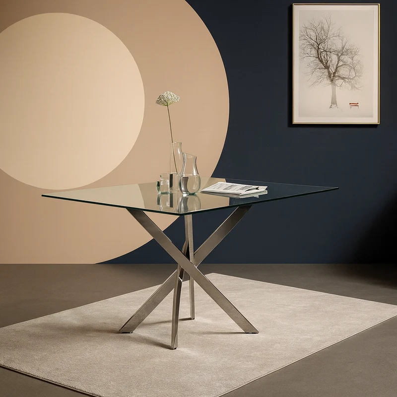 Tavolo "Terra" con gambe incrociate in metallo cromato e piano in vetro temperato, design moderno per arredo interno