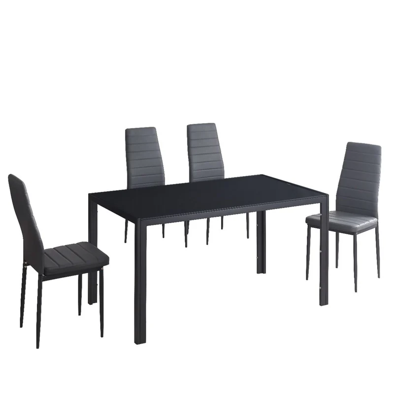 Tavolo "Osiris" con gambe in metallo e piano in vetro, design moderno per arredo interno + set 4 sedie