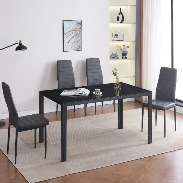 Tavolo "Osiris" con gambe in metallo e piano in vetro, design moderno per arredo interno + set 4 sedie