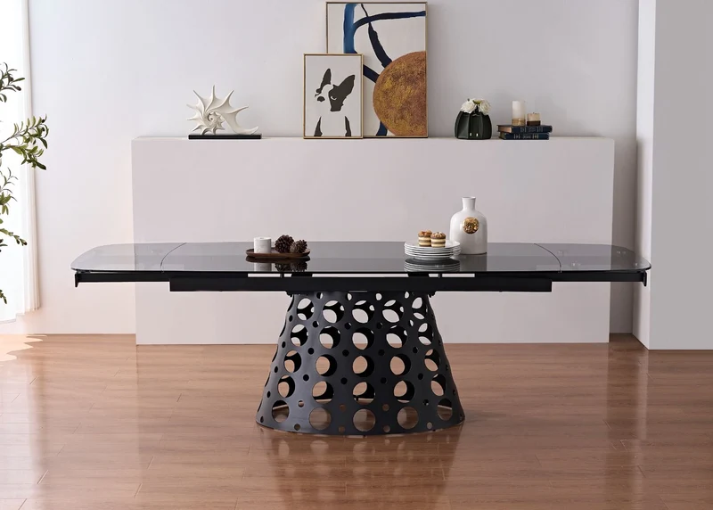 Tavolo "Proxima" con gambe in ferro e piano in vetro, design moderno 180/260 x 90 x h 75 cm