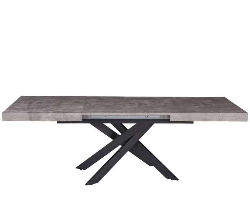 Tavolo "Trappist" con gambe incrociate e piano in finitura cemento beton, design moderno, per arredo interno
