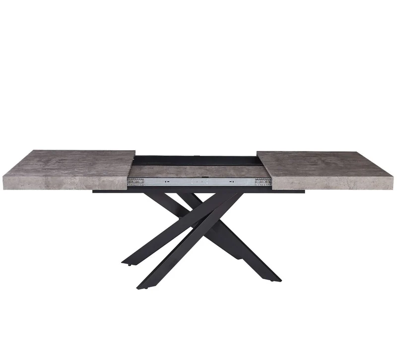 Tavolo "Trappist" con gambe incrociate e piano in finitura cemento beton, design moderno, per arredo interno