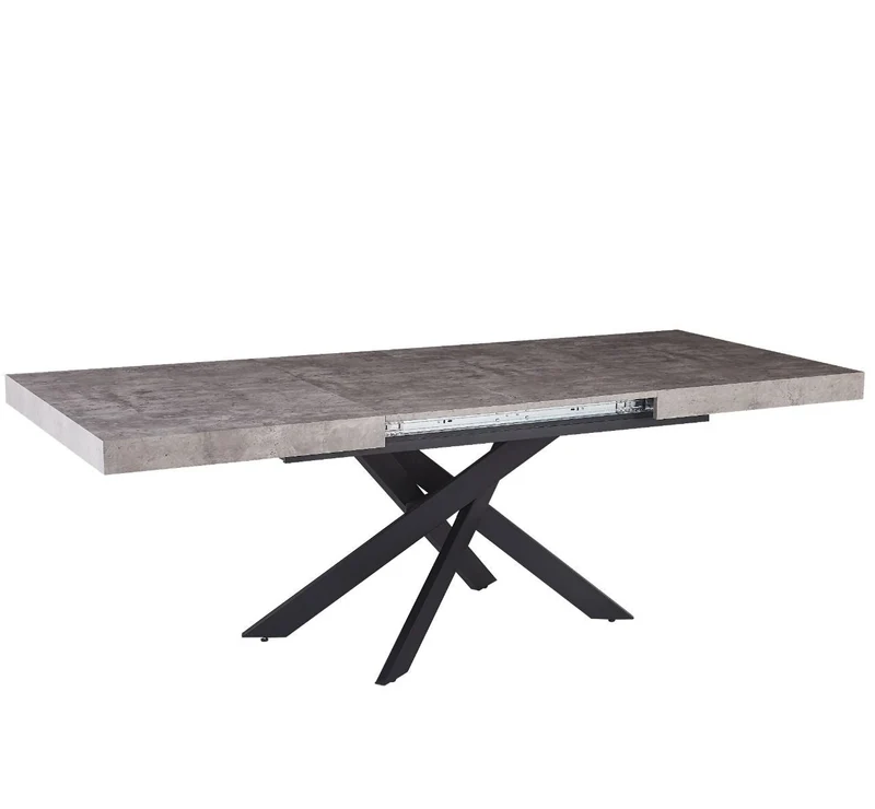 Tavolo "Trappist" con gambe incrociate e piano in finitura cemento beton, design moderno, per arredo interno