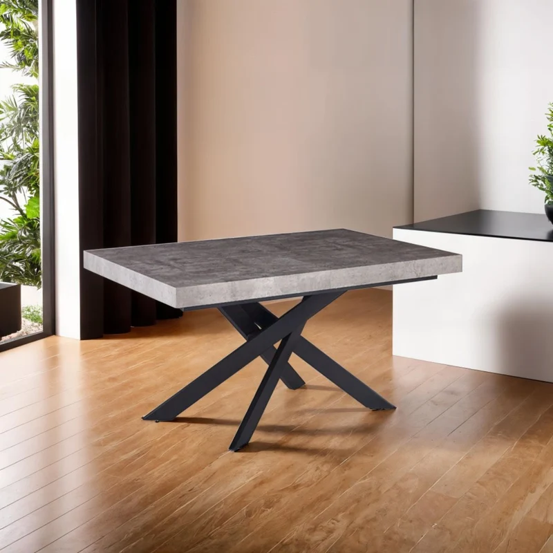 Tavolo "Trappist" con gambe incrociate e piano in finitura cemento beton, design moderno, per arredo interno