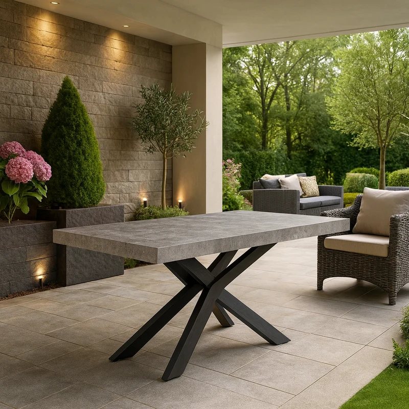 Tavolo "Trappist" con gambe incrociate e piano in finitura cemento beton, design moderno, per arredo interno