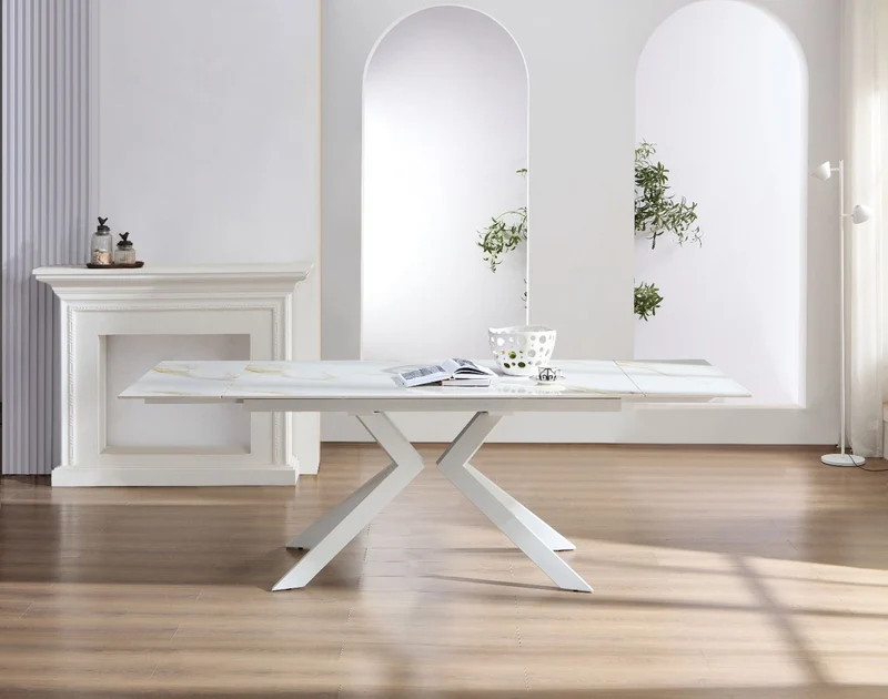 Tavolo "Pollux" con gambe in ferro e piano in pietra sinterizzata 160/240 x 110 x h 75 cm